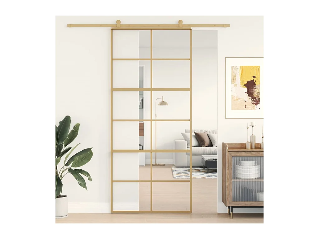Porte coulissante doré 90x205 cm verre ESG clair et aluminium