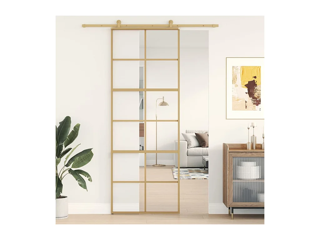 Porte coulissante doré 76x205 cm verre ESG clair et aluminium