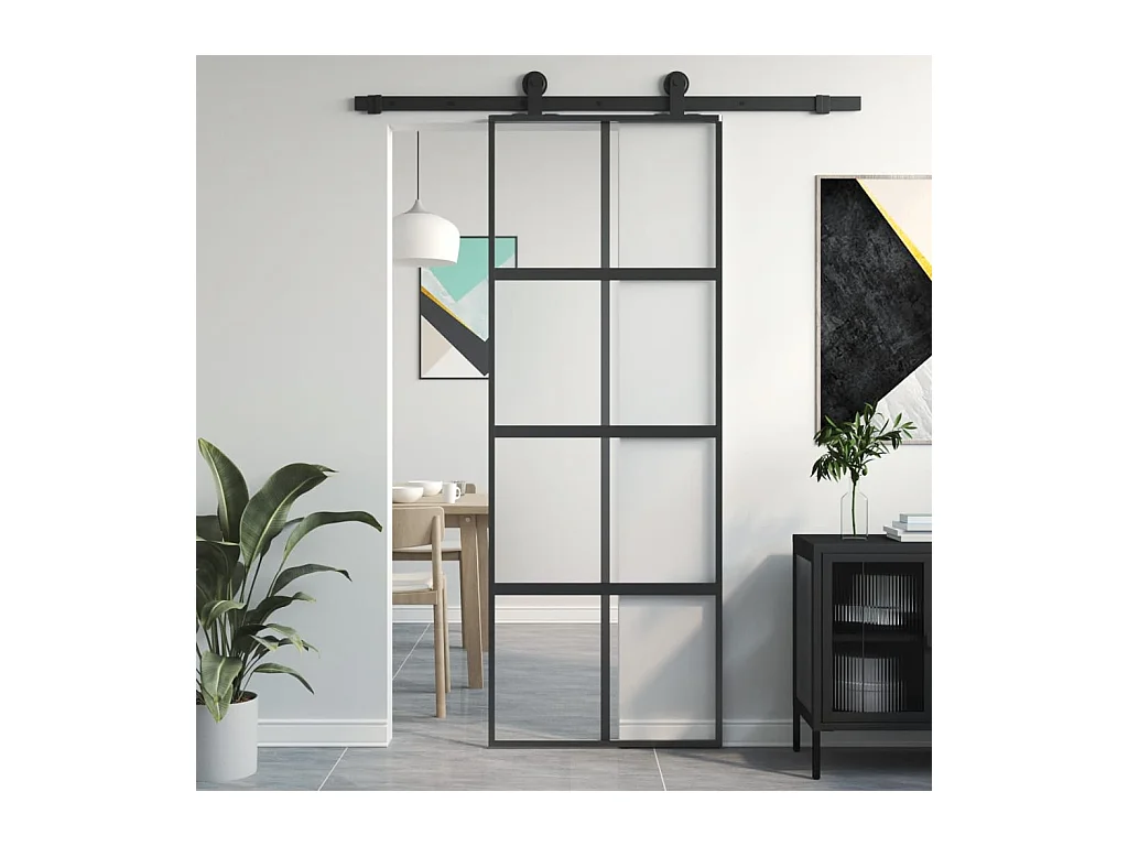 Porta scorrevole nera 76x205 cm vetro temperato alluminio