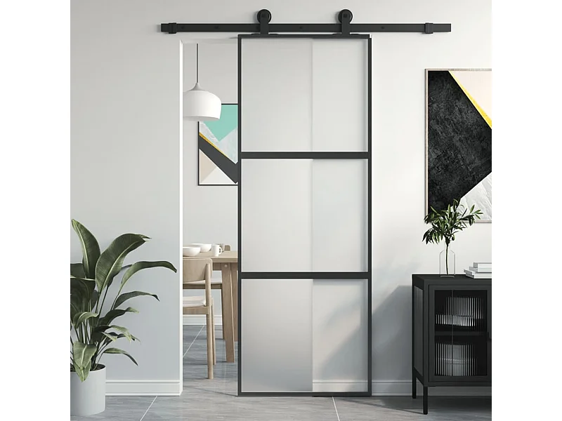 Porta scorrevole nera 76x205 cm vetro temperato alluminio