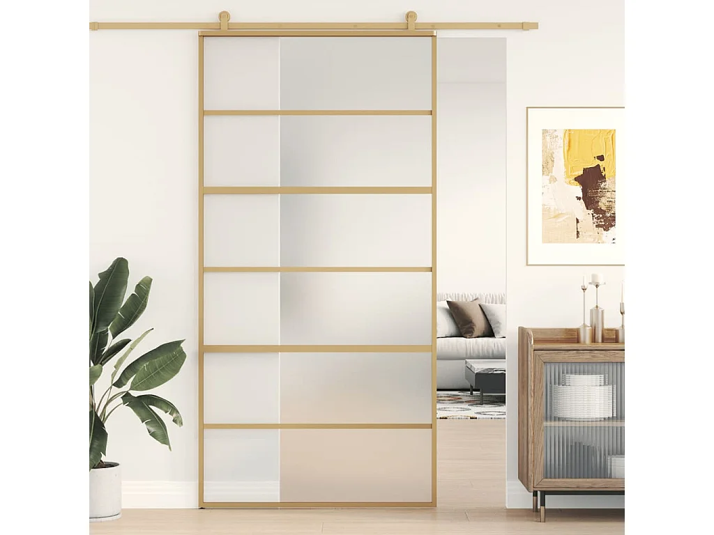Porte coulissante doré 102,5x205 cm verre ESG dépoli aluminium
