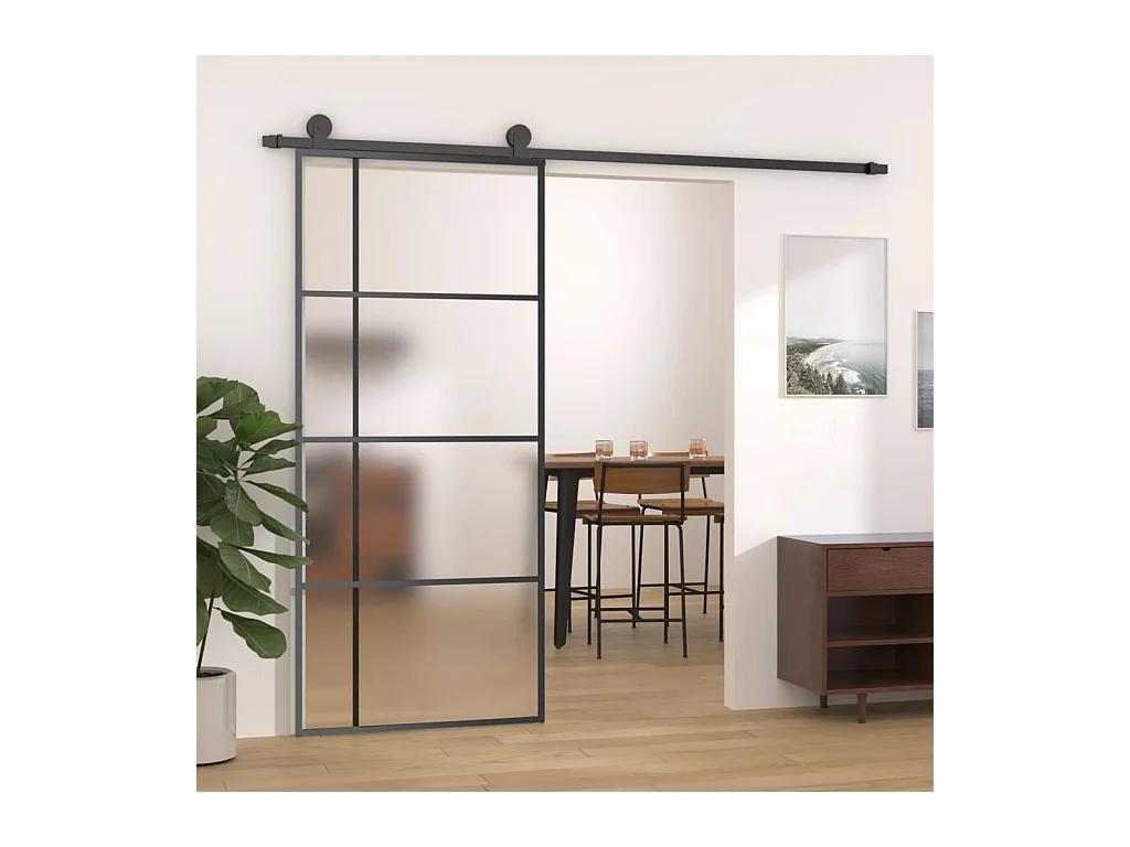 Porte coulissante Verre ESG dépoli et aluminium 90x205 cm Noir