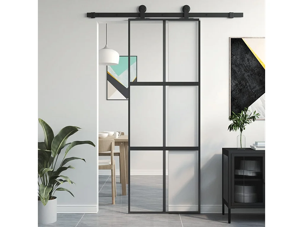 Porte coulissante noir 76x205 cm verre trempé aluminium