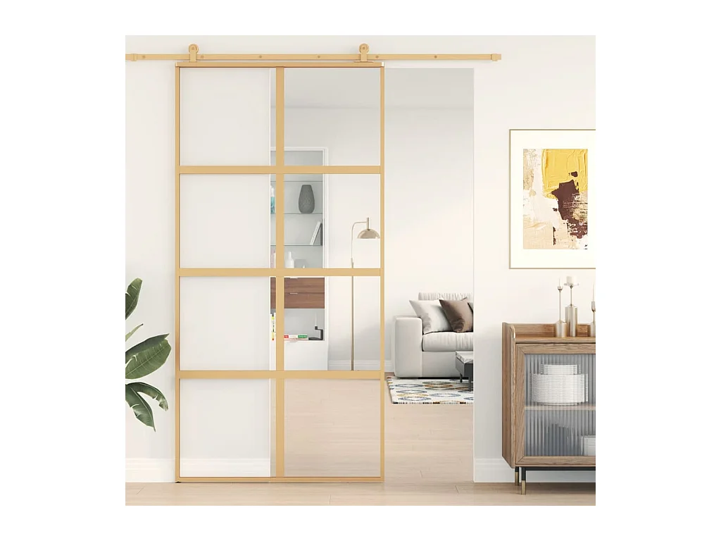 Porte coulissante doré 102,5x205cm verre ESG clair et aluminium