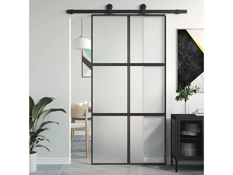 Porte coulissante noir 102,5x205 cm verre trempé aluminium