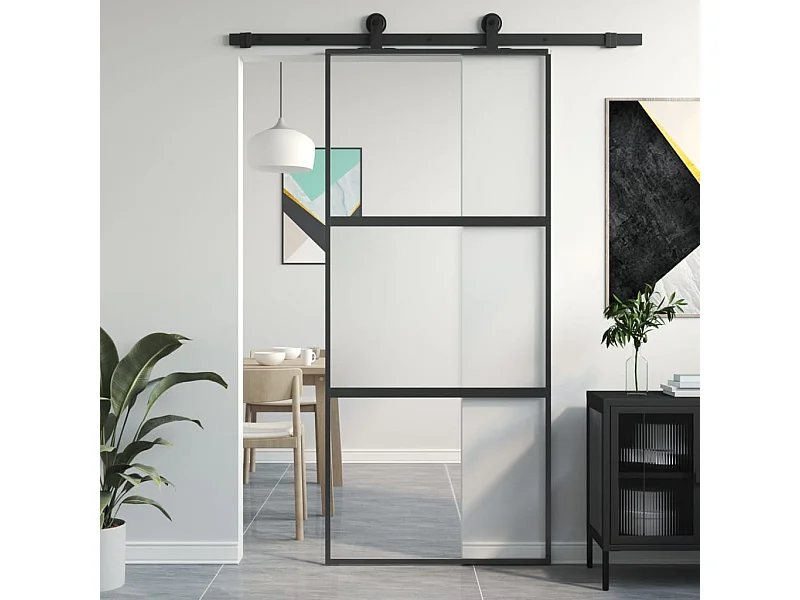 Porta scorrevole nera 90x205 cm vetro temperato alluminio