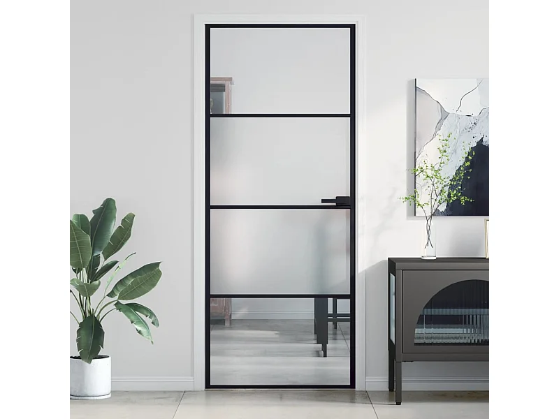 Porta da interno Thin nera 83x201,5 cm vetro temperato alluminio