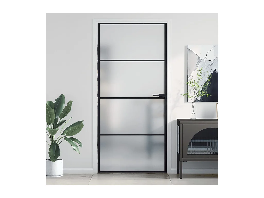 Dunne zwarte binnendeur 93x201,5 cm gehard glas aluminium