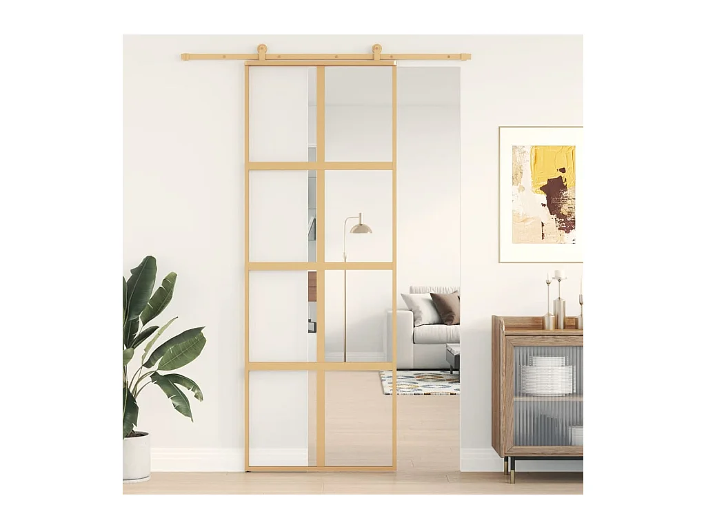 Porte coulissante doré 76x205 cm verre ESG clair et aluminium