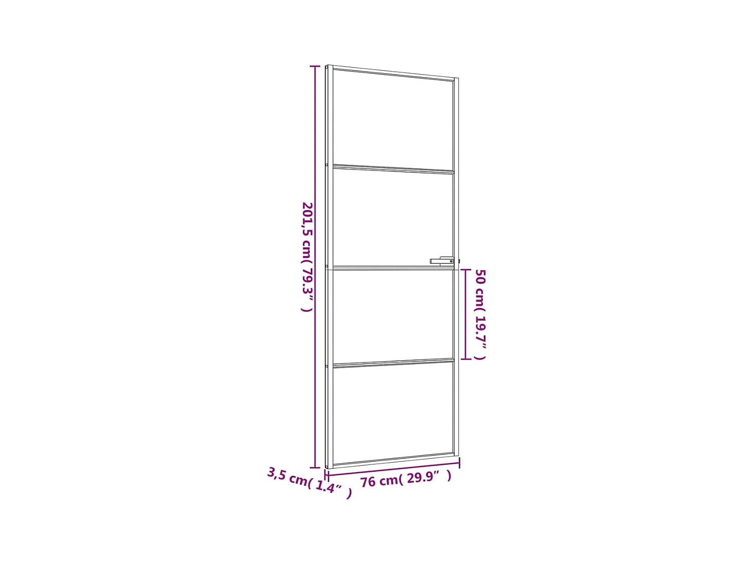 Dunne zwarte binnendeur 76x201,5 cm gehard glas aluminium