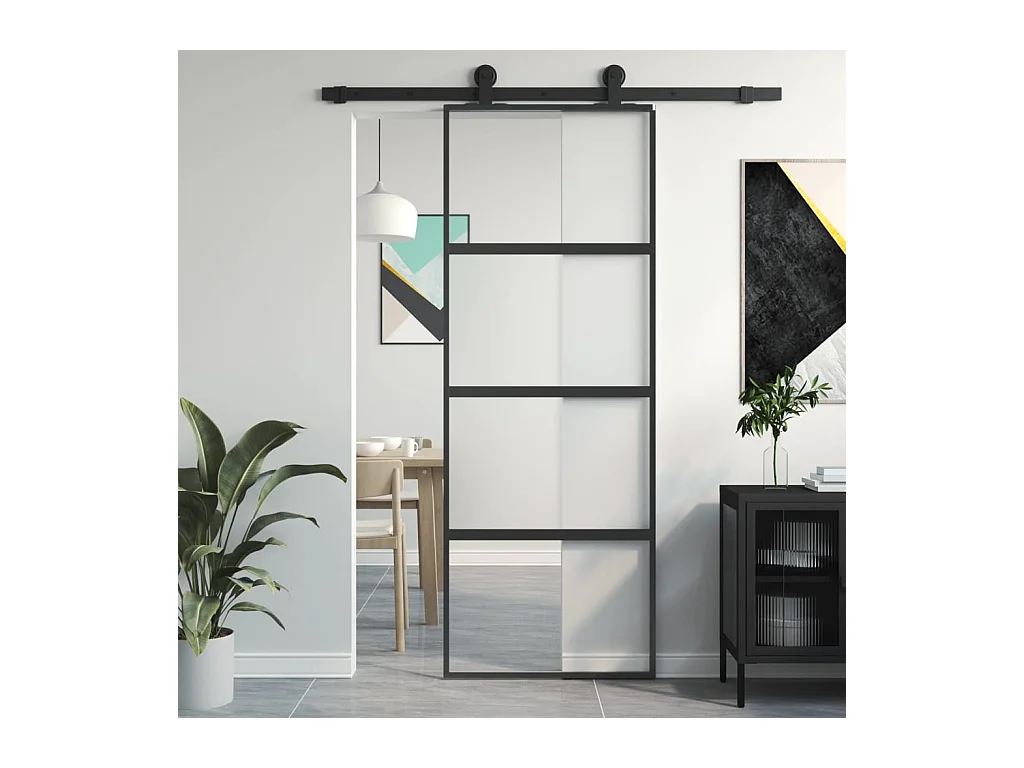 Porte coulissante noir 76x205 cm verre trempé aluminium
