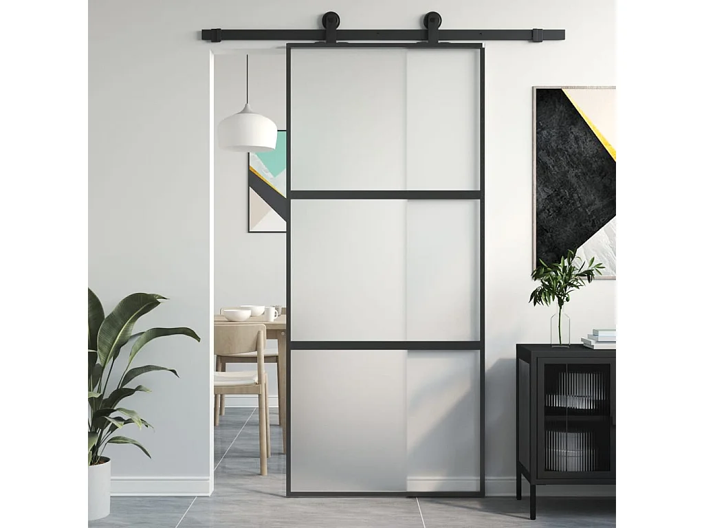 Porte coulissante noir 90x205 cm verre trempé aluminium