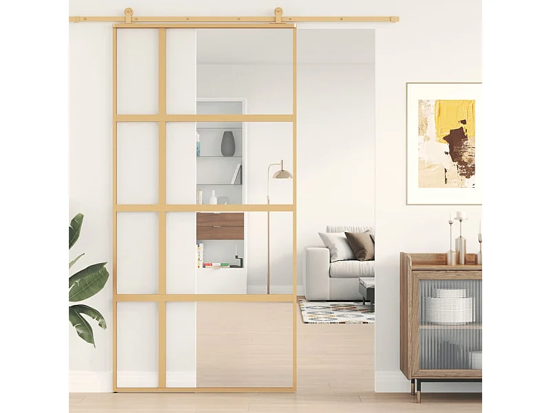 Porte coulissante doré 102,5x205cm verre ESG clair et aluminium