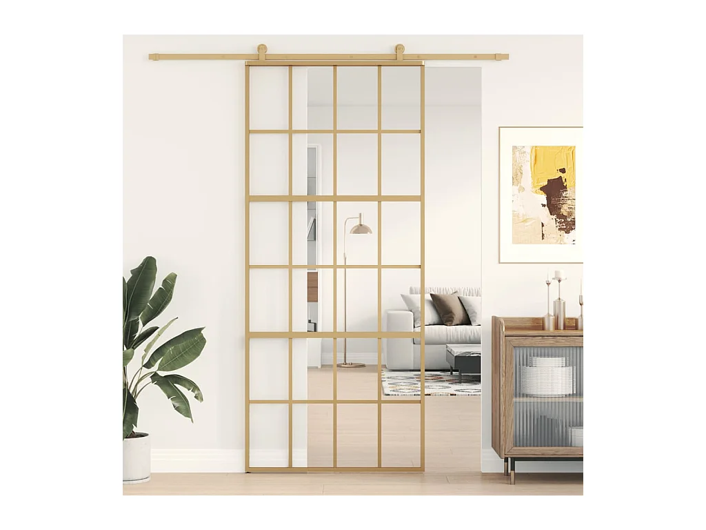Porta de correr dourada 90x205 cm vidro ESG transparente e alumínio