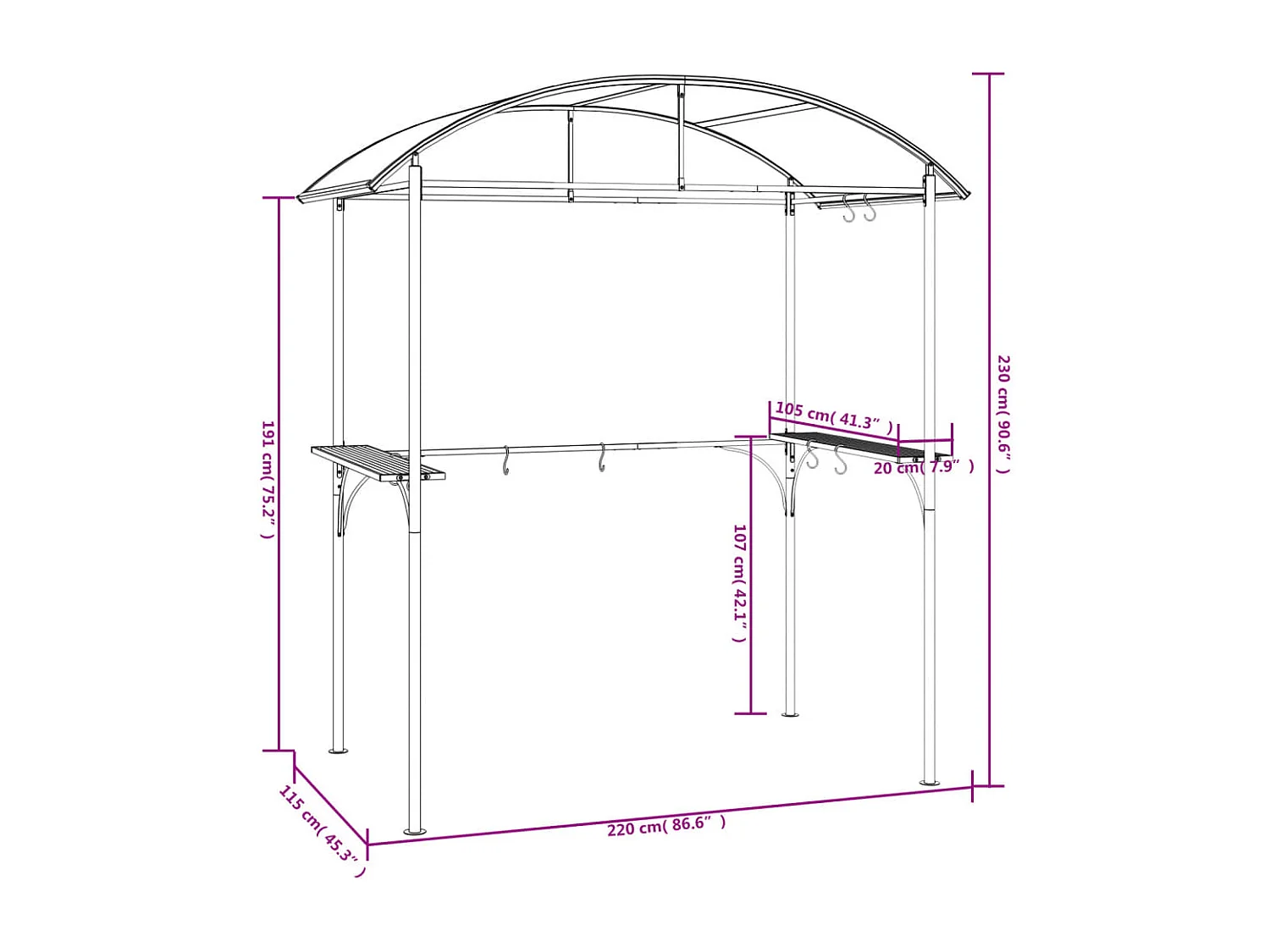 Gazebo BBQ et étagères latérales anthracite 220x115x230cm acier
