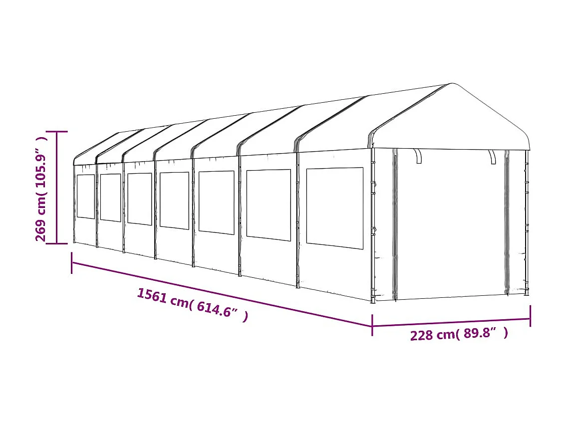 Cenador con techo polietileno blanco 15,61x2,28x2,69 m