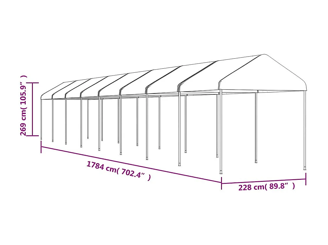 Cenador con techo polietileno blanco 17,84x2,28x2,69 m