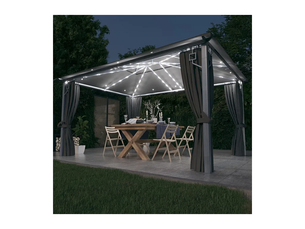 Prieel met gordijn LED-lichtslinger 4x3 m aluminium antraciet
