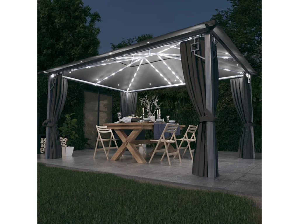 Tonnelle avec rideau et lumières LED 4x3 m Anthracite Aluminium