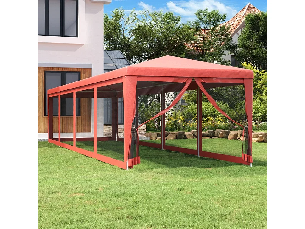 Tenda per Feste con 10 Pareti Laterali in Rete Rossa 3x12m HDPE
