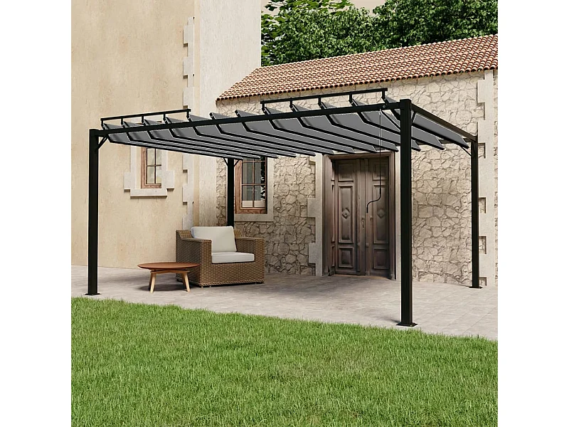 Cenador con techo de lamas tela crema y aluminio 3x4 m