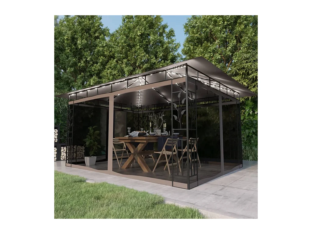 Pavillon mit Moskitonetz & LED-Lichterkette 4x3x2,73 m Taupe