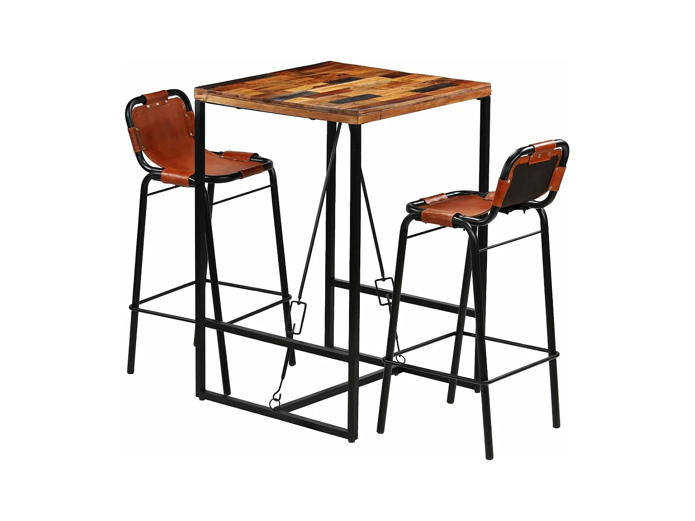 Ensemble de bar 3 pcs Bois massif recyclé et cuir de chèvre