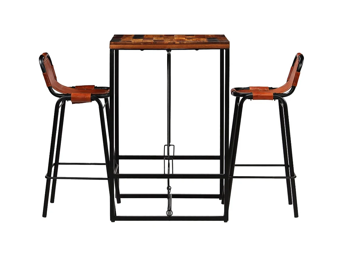 Ensemble de bar 3 pcs Bois massif recyclé et cuir de chèvre