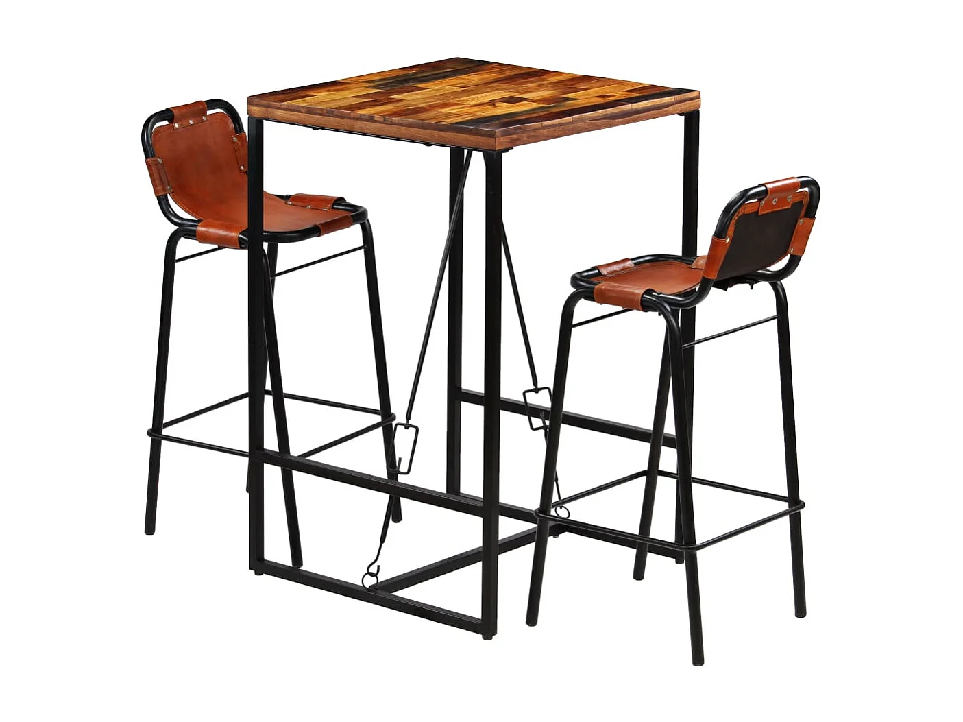Ensemble de bar 3 pcs Bois massif recyclé et cuir de chèvre