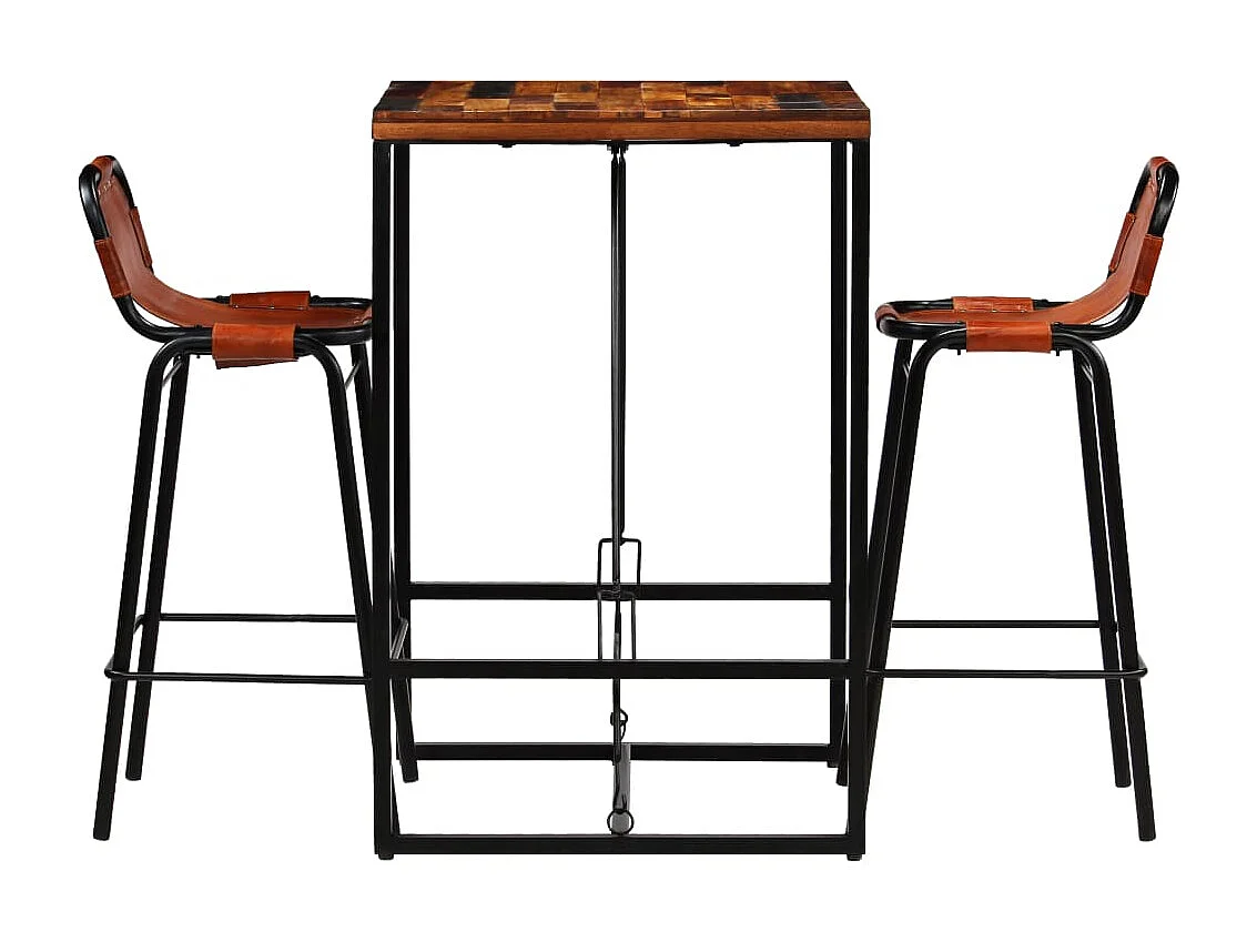 Ensemble de bar 3 pcs Bois massif recyclé et cuir de chèvre