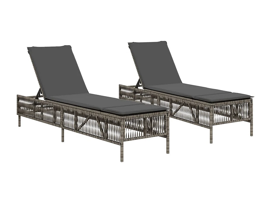 Liegestühle mit Kissen, 2er-Set, graues Kunstharzgeflecht