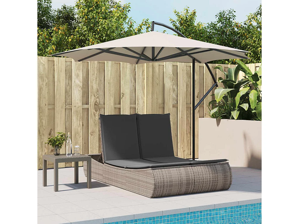 Chaise longue double avec coussins gris résine tressée