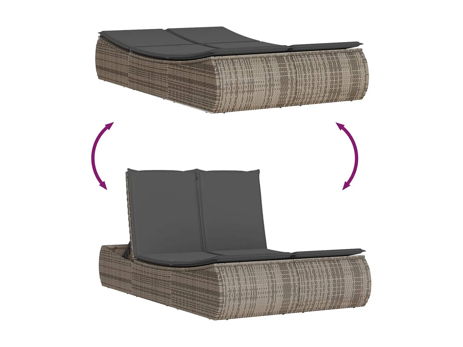 Sillón doble con cojines de resina tejida gris.