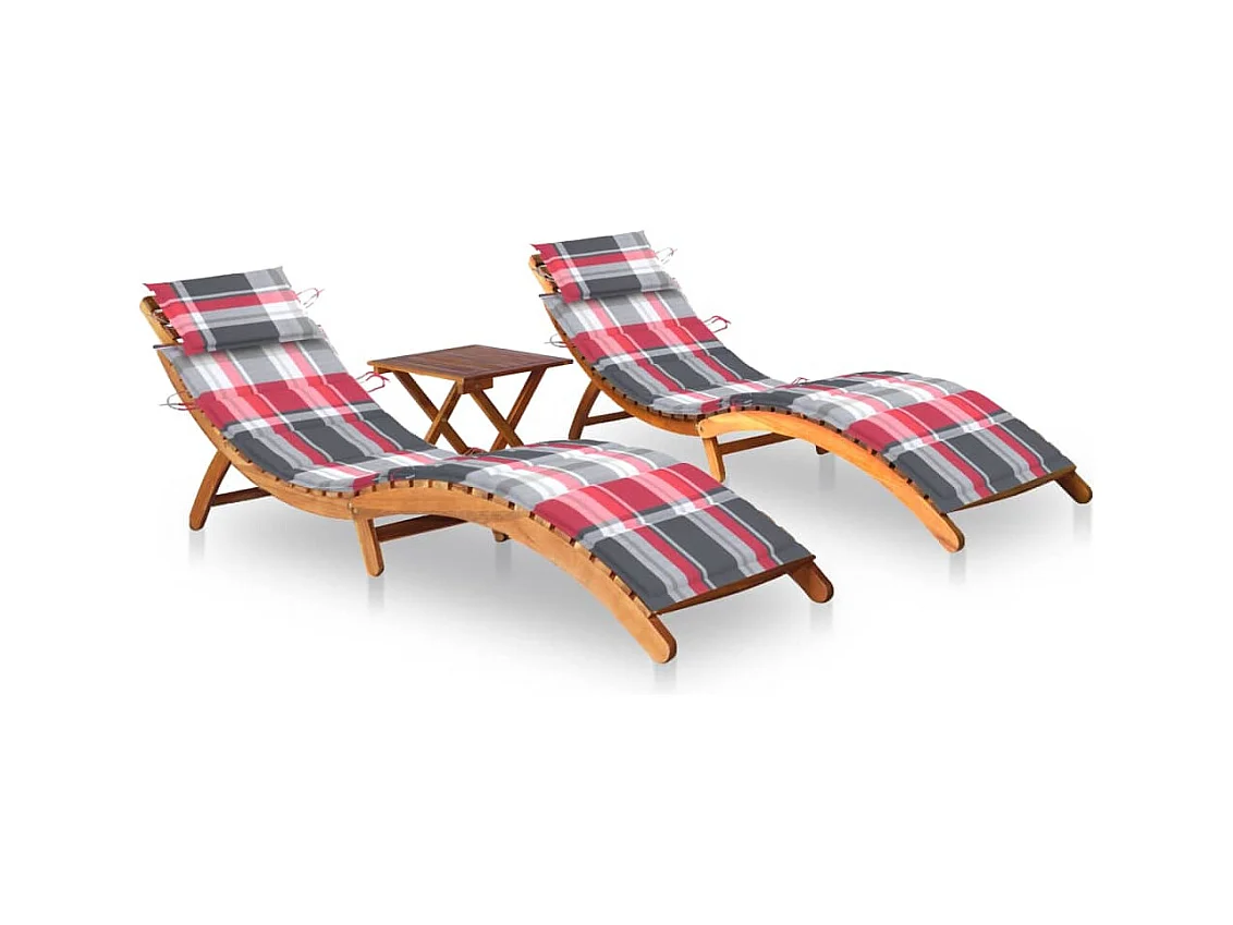 Liegestühle 2er-Set mit Tisch und Kissen aus massiver Akazie
