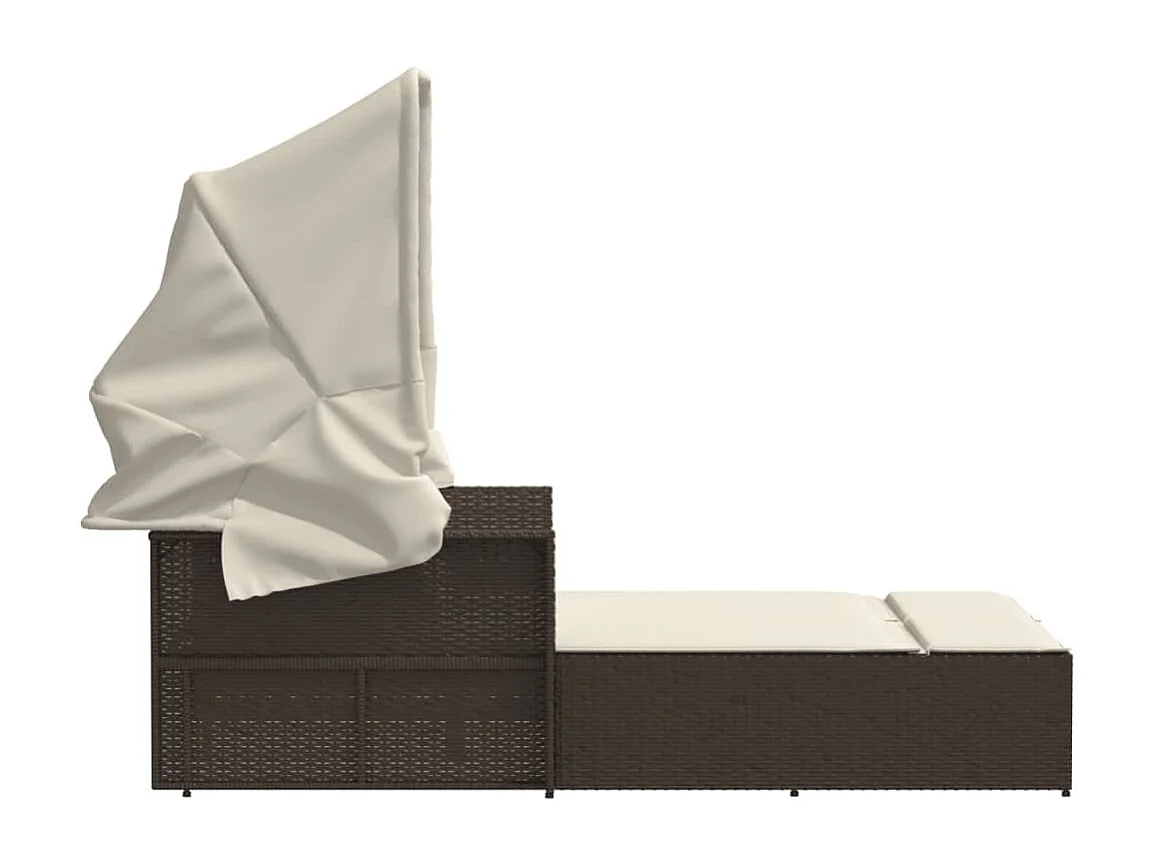 Dubbele loungestoel met baldakijn en bruine poly rattan kussens