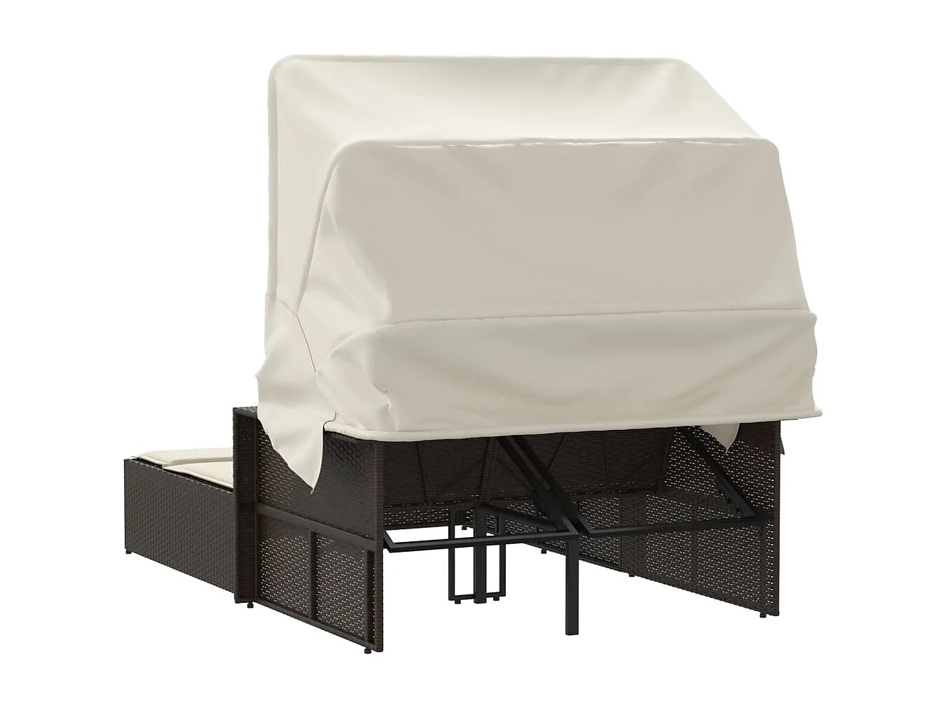 Dubbele loungestoel met baldakijn en bruine poly rattan kussens