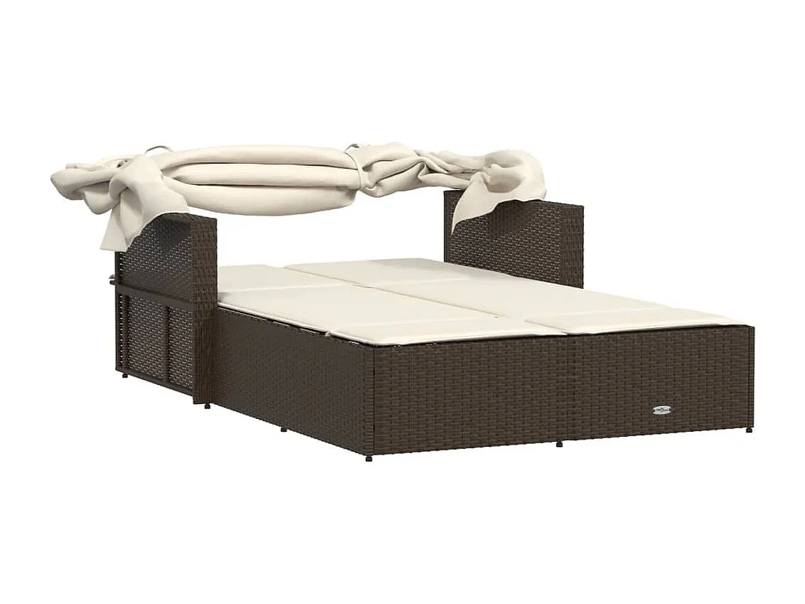 Dubbele loungestoel met baldakijn en bruine poly rattan kussens