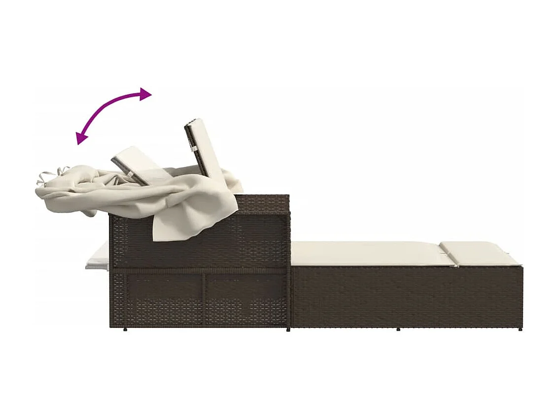 Dubbele loungestoel met baldakijn en bruine poly rattan kussens