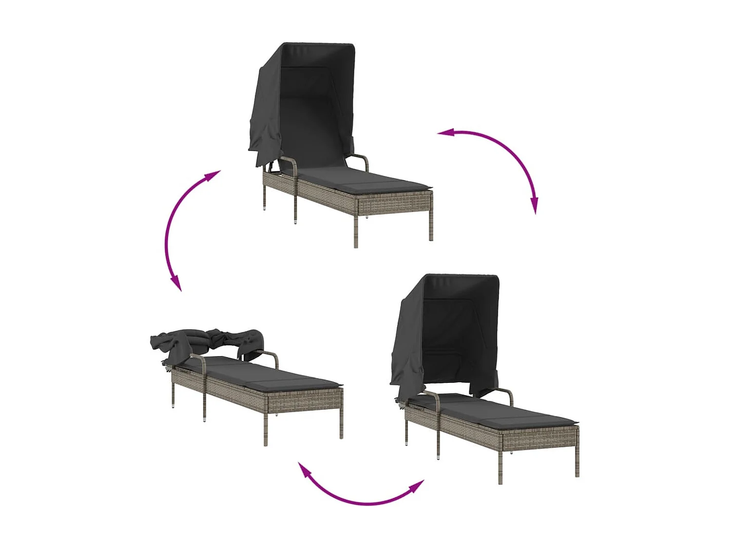 Conjunto de 2 cadeiras de praia com toldo e mesa de vime PE cinza