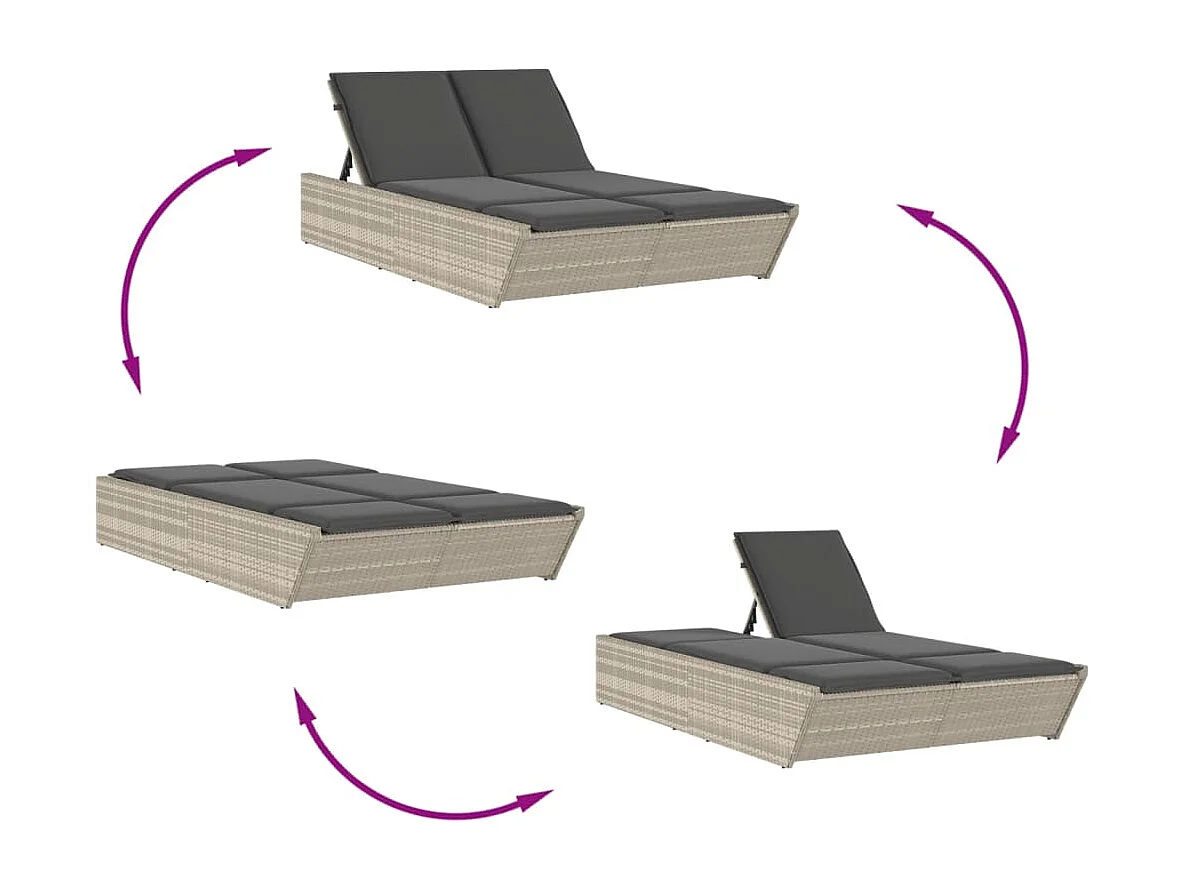 Chaise longue double avec coussins gris clair résine tressée