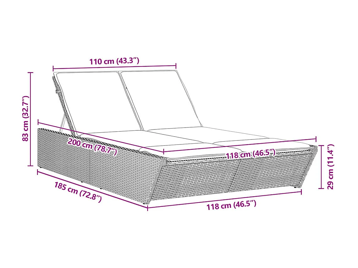 Chaise longue double avec coussins gris clair résine tressée