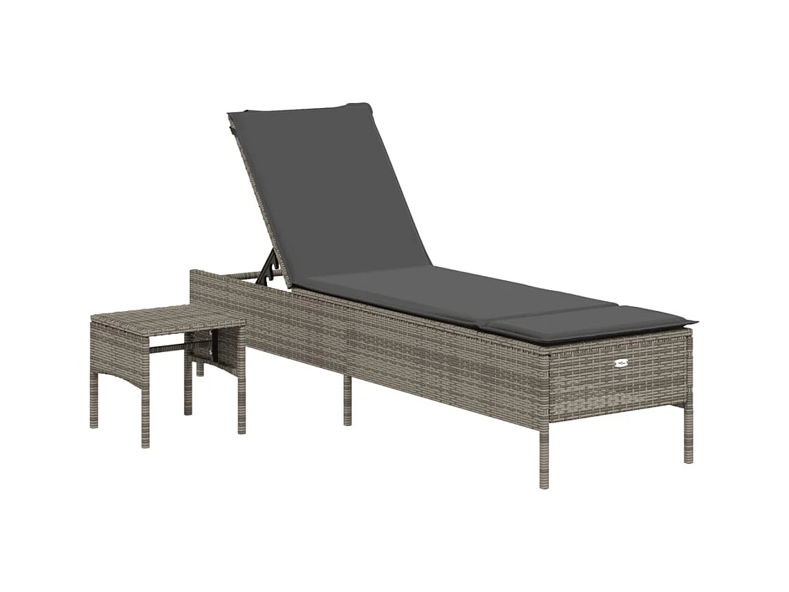 Chaise longue avec table et coussin gris résine tressée