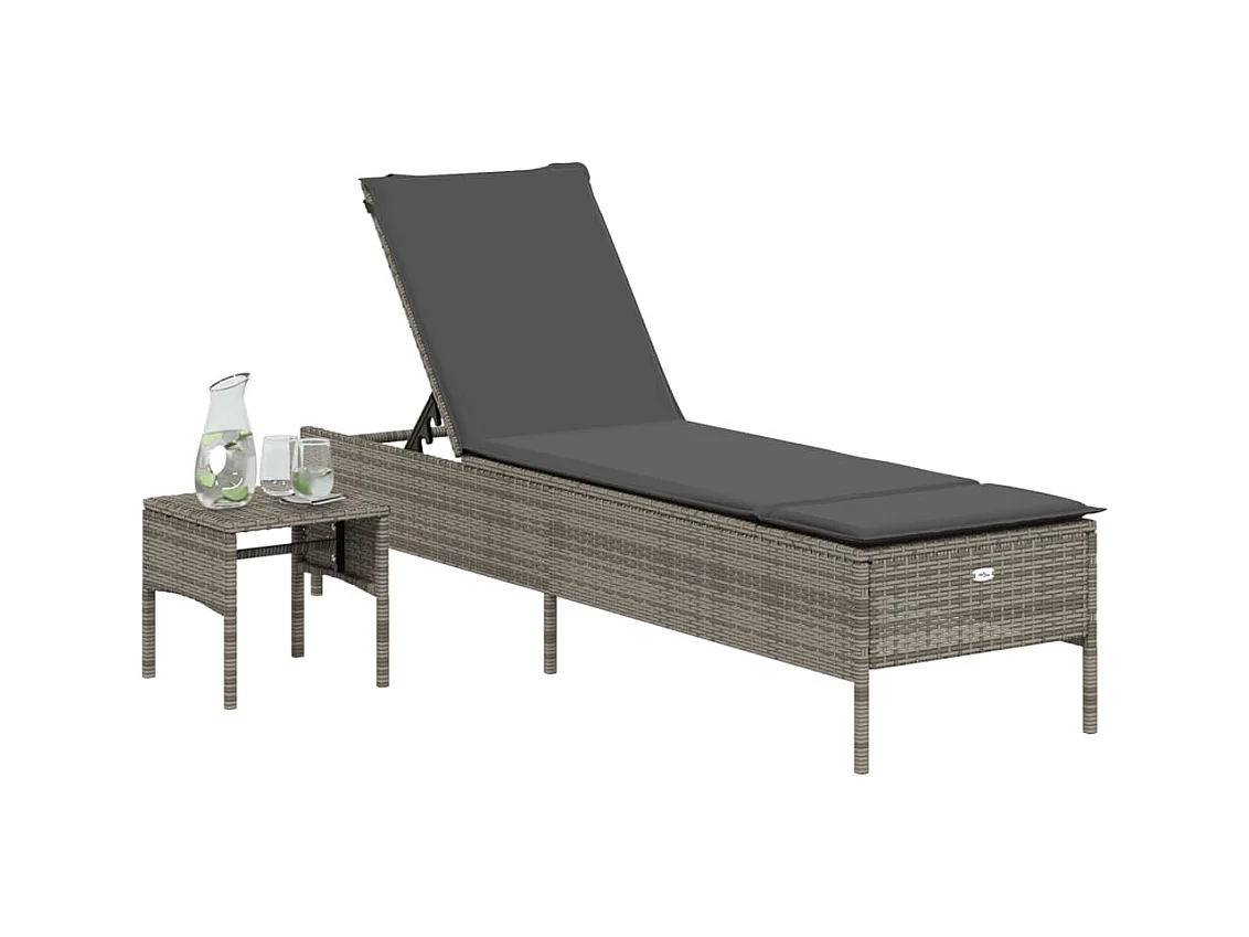 Chaise longue avec table et coussin gris résine tressée