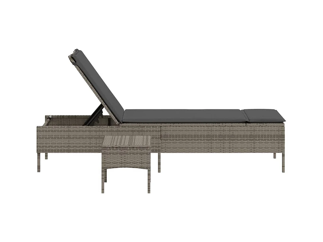 Chaise longue avec table et coussin gris résine tressée