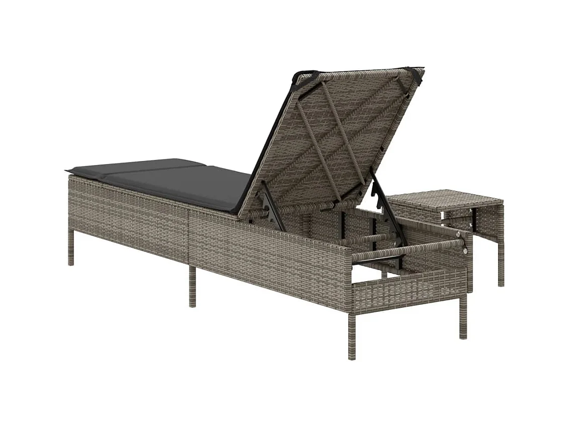 Chaise longue avec table et coussin gris résine tressée