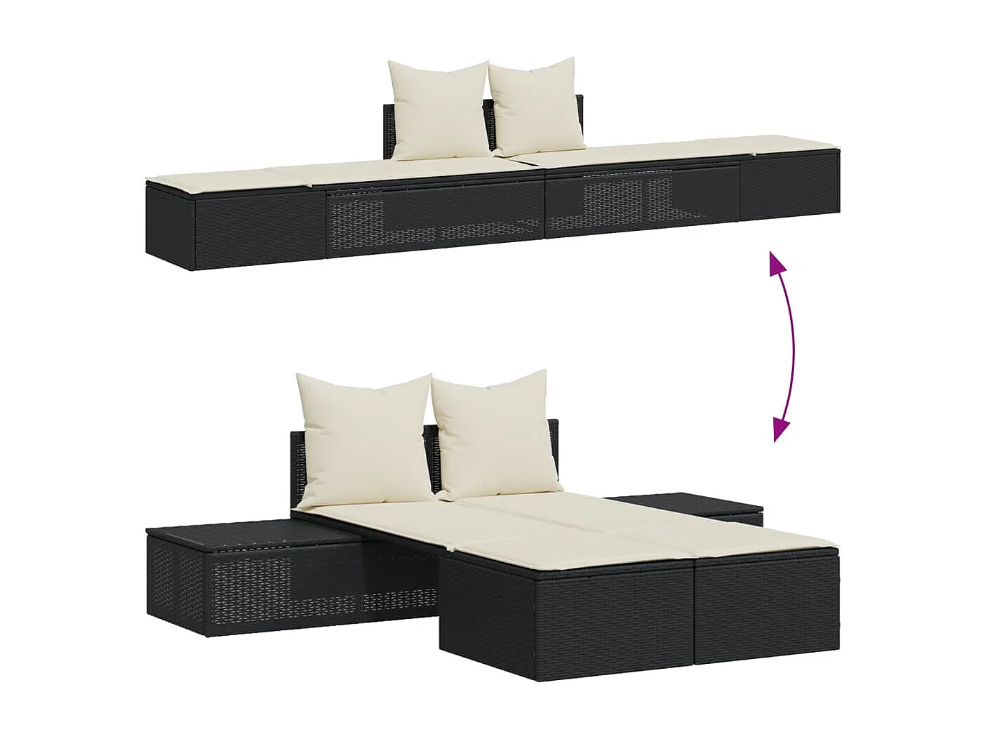 Sillón doble con cojines de resina tejida en negro.