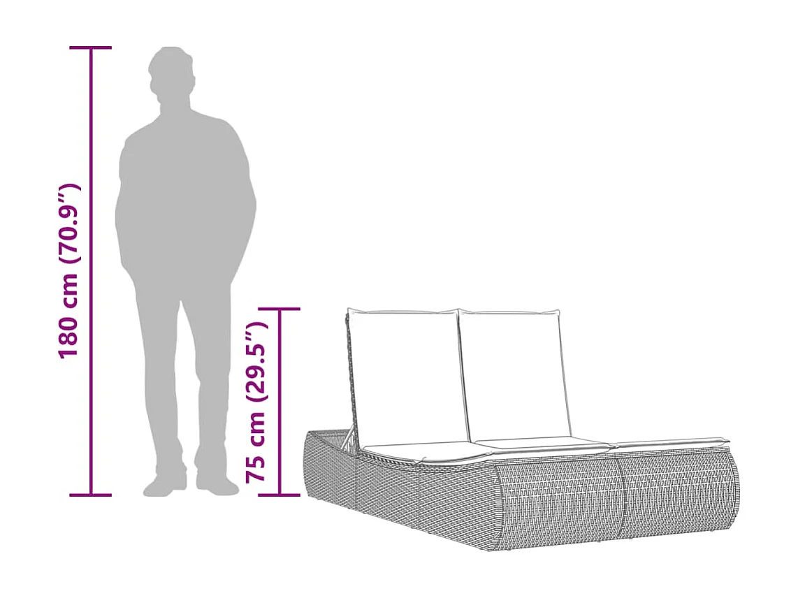 Chaise longue double avec coussins noir résine tressée