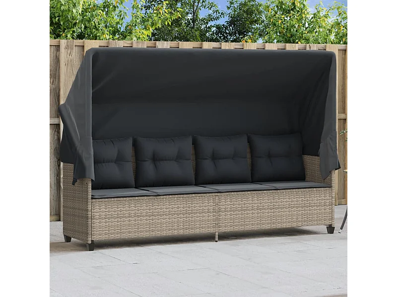 Sillón con dosel y cojines de resina tejida en gris claro.