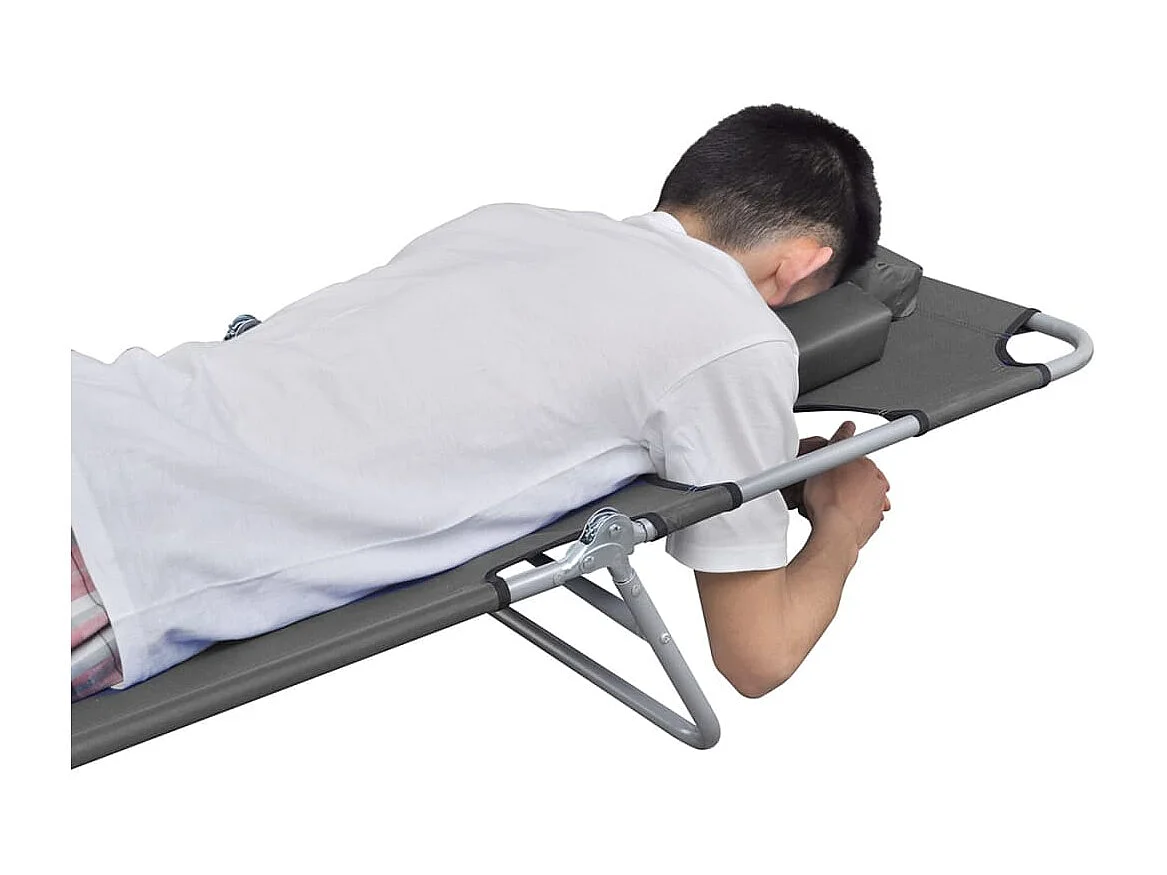 Chaise longue pliable et coussin de tête Dossier réglable Gris
