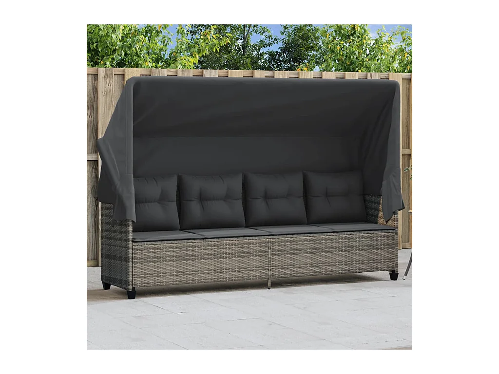 Chaise longue avec auvent et coussins gris résine tressée